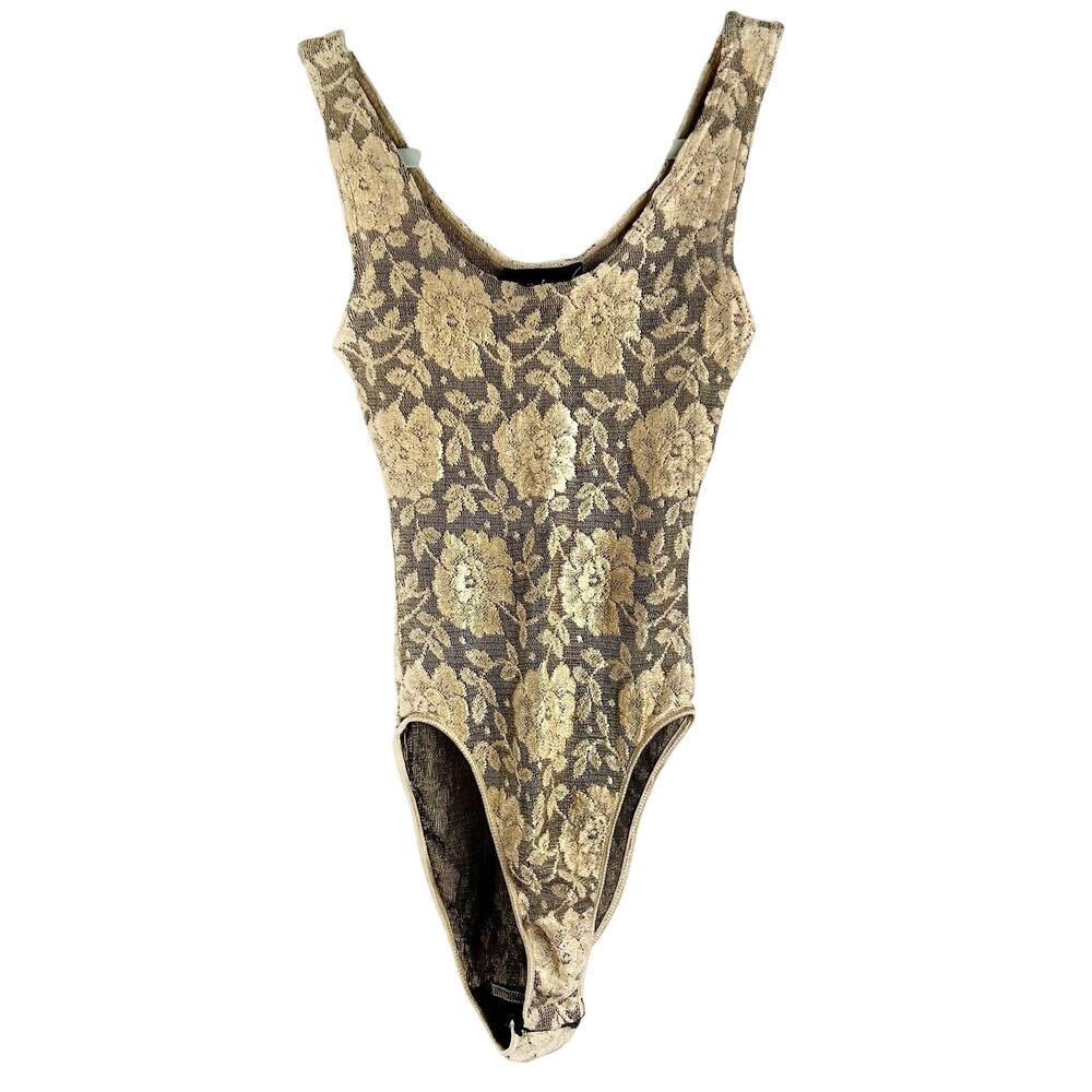 Vintage ABS Allen Schwartz Floral Embroidered Mesh Bodysuit Small Made in USA
